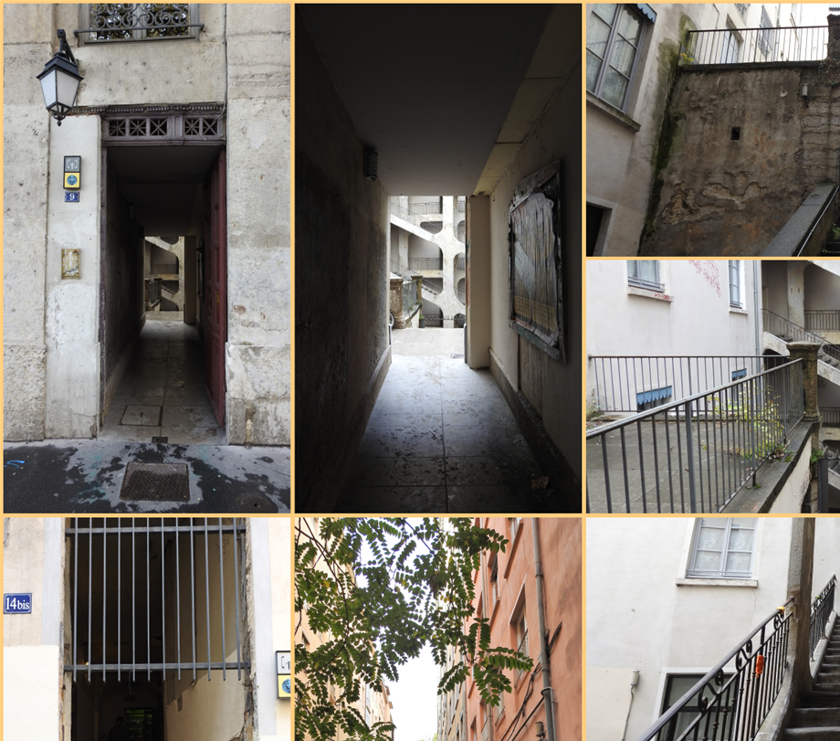 Cour des Voraces. The entrance at no 14b of Montée Saint-Sébastien (bottom left). The entrance at no 9 of the Place Colbert (top left).