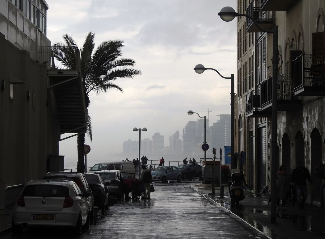 Russlan street provides the perfect frame for Tel Aviv skyline.