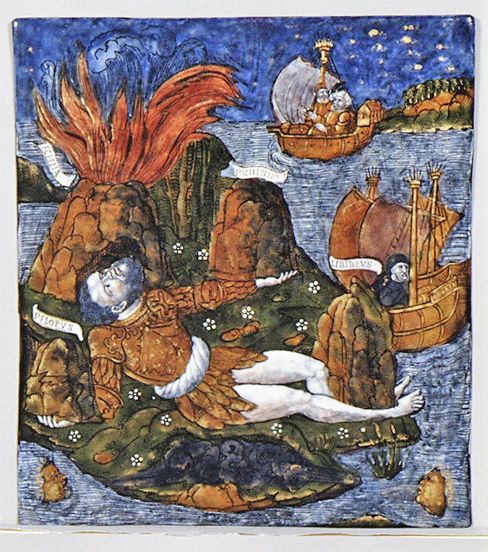 Trojans Land Near Mount Etna; Beneath Lies the Giant Enceladus (Aeneid, Book III). Painted enamel on copper, partly gilt by Master of the Aeneid (active ca. 1530–40).  On view at The Met Fifth Avenue in Gallery 544.