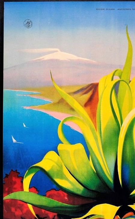 Old touristic poster of Sicilia.  Etna at the background.