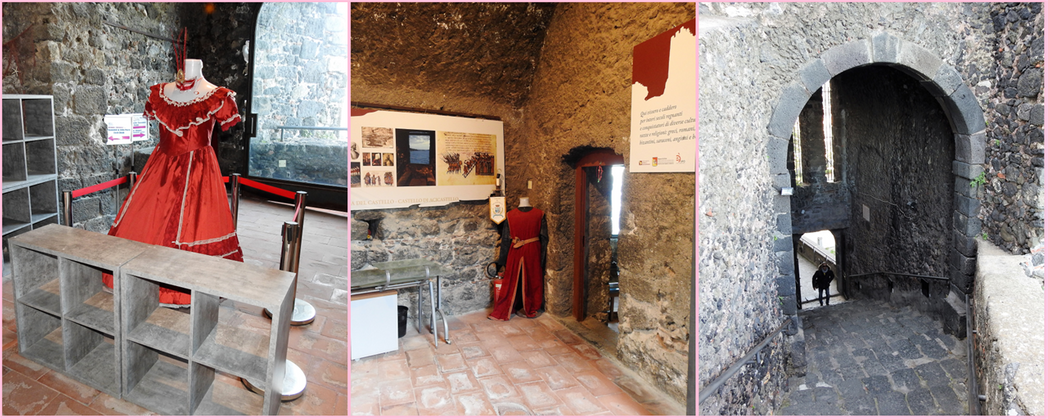 Inside the castle musem. The entrance of the castle at the top of the stone stairway (right).