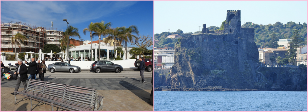 Cafè De Mar and the view of the AciCastello castle from there.