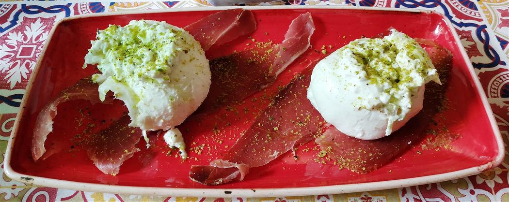 Mozzarella, crudo and pistachio.