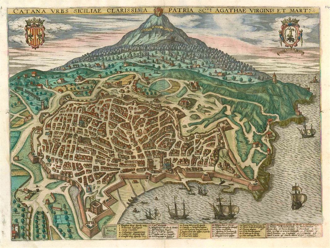 The city of Catania, engraving from Civitates Orbis Terrarum by Georg Braun (1541-1622) and Franz Hogenberg (1540-1590), active in Cologne.