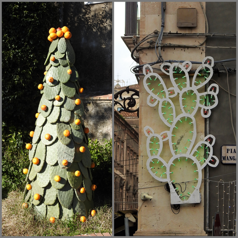 Prickly pear leaves made to a Christmas tree in Syracuse (left). A Christmas decoration in Catania (right).