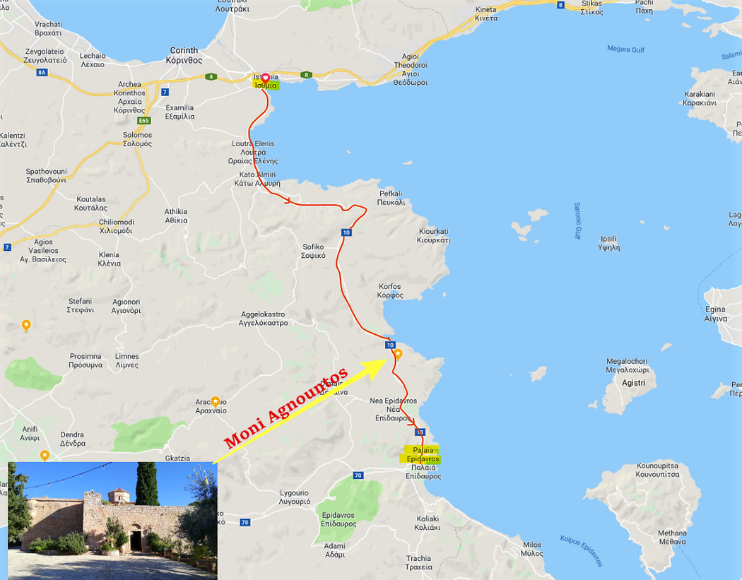 Agnountos monastery on N10 national road (from Isthmia to Palaia Epidavros).