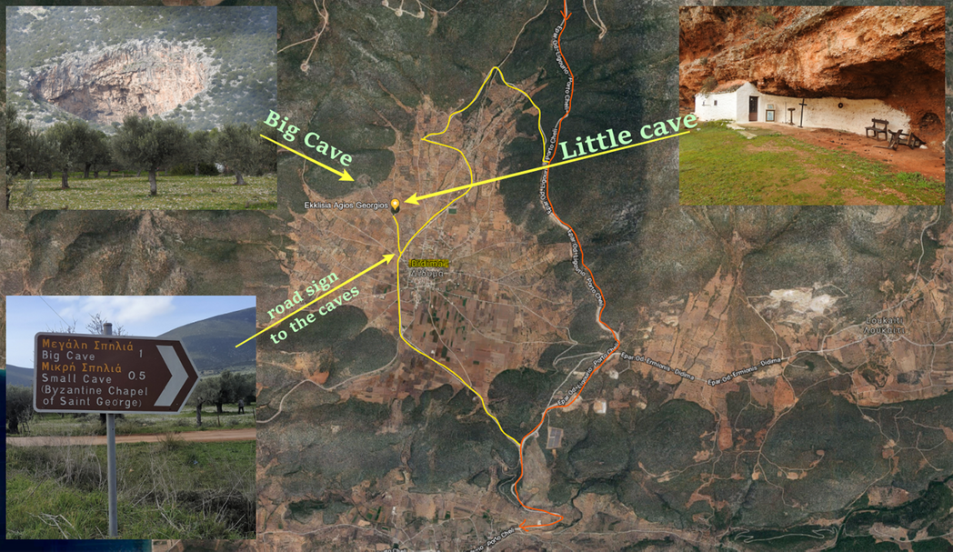 The detour to visit the Didima Caves.  The red line shows the main road and the yellow line the detour.