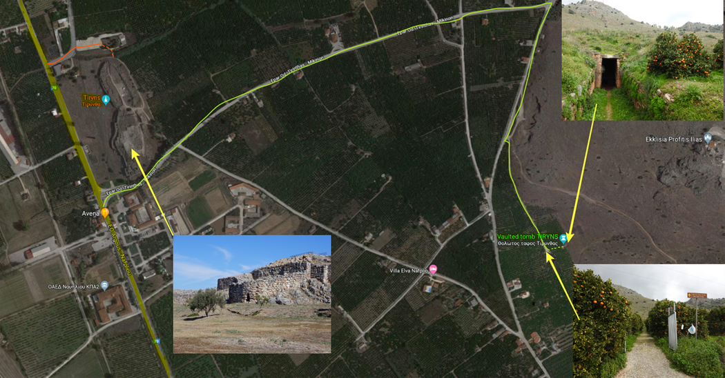 The red line shows the entrance to the Archeological site of Ancient Tyrins. The green line shows the road to the Mycenean vaulted tomb of the area.