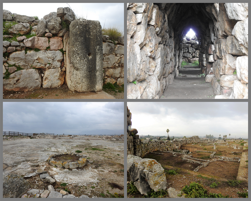 The Great Propylon leads from the lower citadel to the upper one (top left). The best preserved gallery of the citadel is the 1.65m wide south gallery, which cuts through the external wall that is 11m thick in that area; the side openings led to corbelled store rooms which served as cisterns (top right). The palace and the great courtyard of the upper citadel (bottom left). The lower citadel (bottom right).