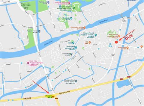 Mao of greater Zhujiajiao. Bus terminal and metro station (in red) to get off traveling from Shanghai.
