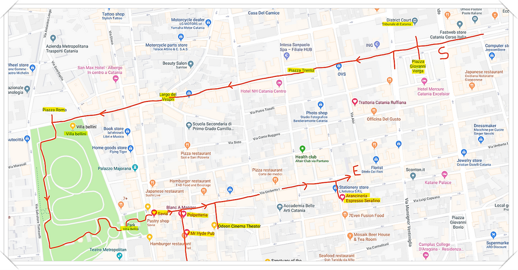 The walk North of the Center (S=start, E=end).