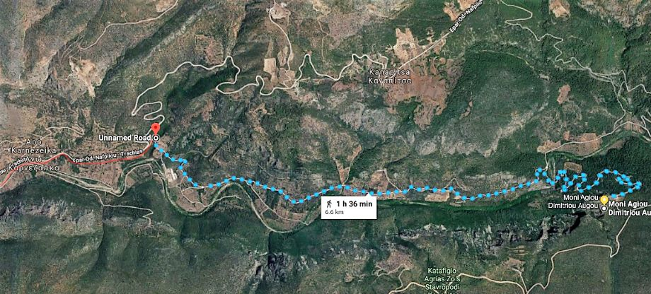 The 6.6 km walking distance to the Avgou Monastery (Eastern approach).