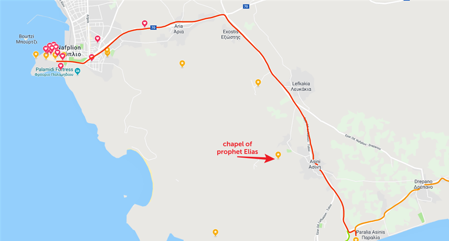 The red line shows the road from Nafplion to Asini.  The orange line shows the road from Asini to Delfini tavern.