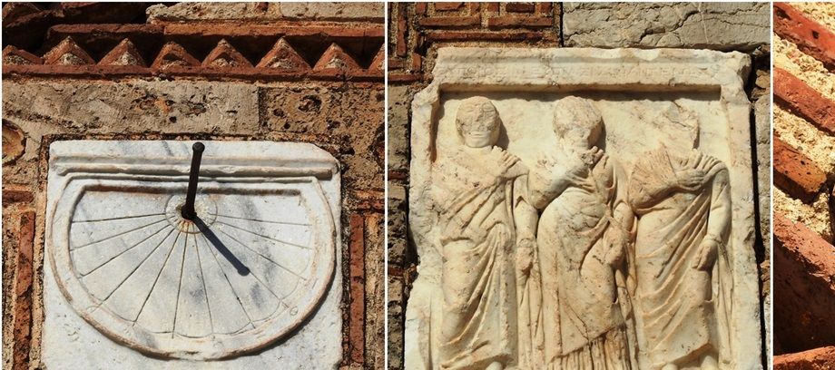 Decorative details (inlays) on the external walls of the Merbaka church: a sundial, an ancient marble headstone and proto-maiolica cup.