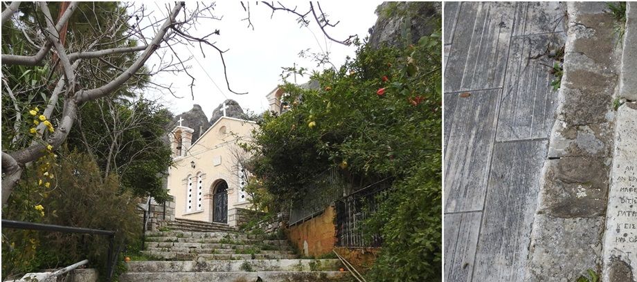 Gravestones have been used to cover the stairs leading to Agioi Pantes church.