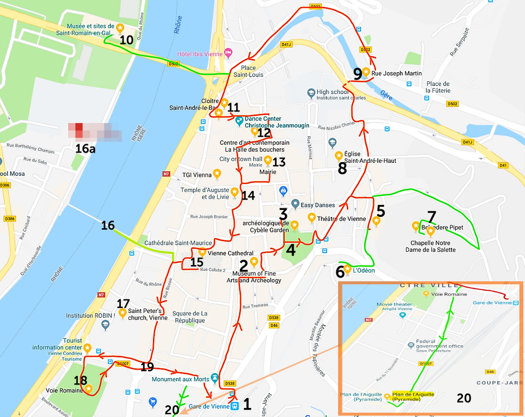 A walk around the old town (red line) and some detours (green lines).