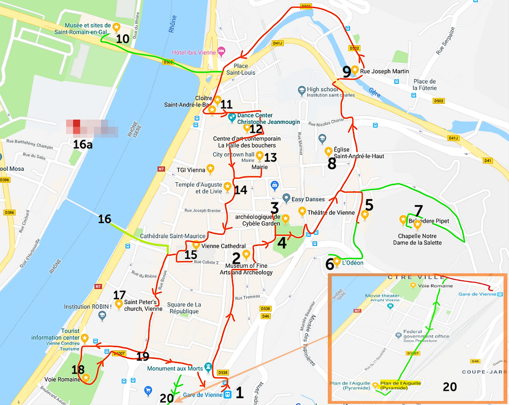 A walk around the old town (red line) and some detours (green lines).