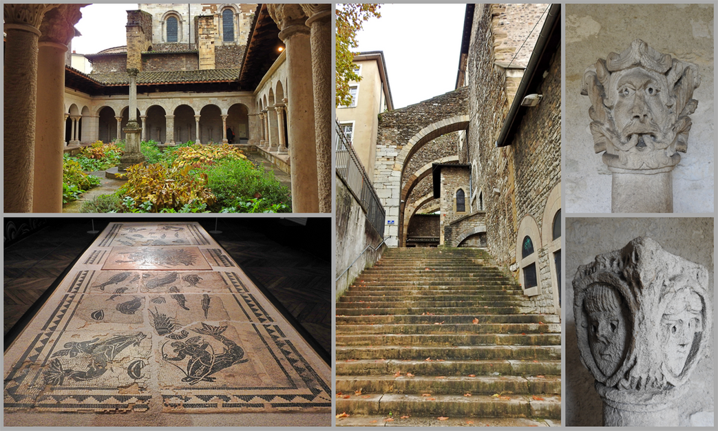 Cloître Saint-André-le-bas. In the middle, the grand staircase going up from the Place du Jeu-de-Paume between the church and the cloister.