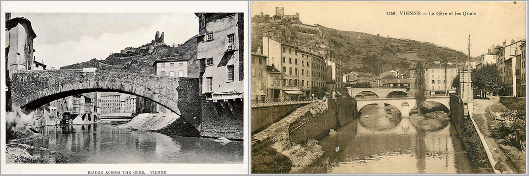 Late 19th century picture of Pont-Saint-Martin (left) and a later picture of the confluence of Gere River (right).