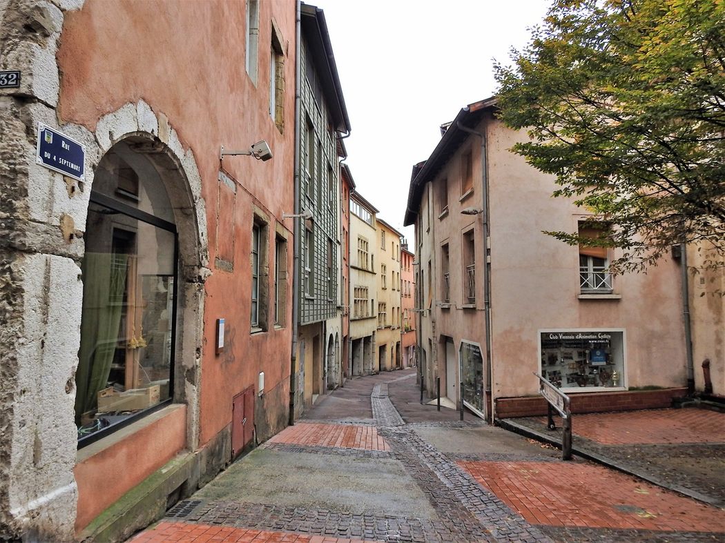The pastel colors of the medieval town.