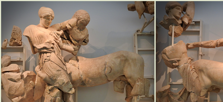 The battle of the Centaurs of the western pediment of the Temple of Zeus, centered on God Apollo.