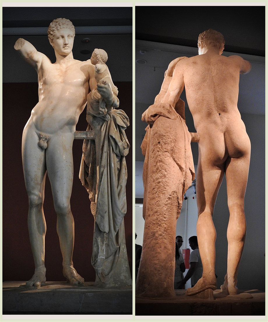 Hermes and the Infant Dionysus, also known as the Hermes of Praxiteles or the Hermes of Olympia is an ancient Greek sculpture of Hermes and the infant Dionysus discovered in 1877 in the ruins of the Temple of Hera. It is traditionally attributed to Praxiteles and dated to the 4th century BC, based on a remark by the 2nd century Greek traveler Pausanias.