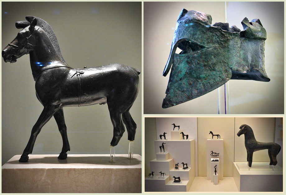 Bronze collection. (left): Bronze horse statuette; the posture indicates that it is ready to start walking -about 470 BC. (right): The Helmet of General Miltiadis, bearing the inscription 