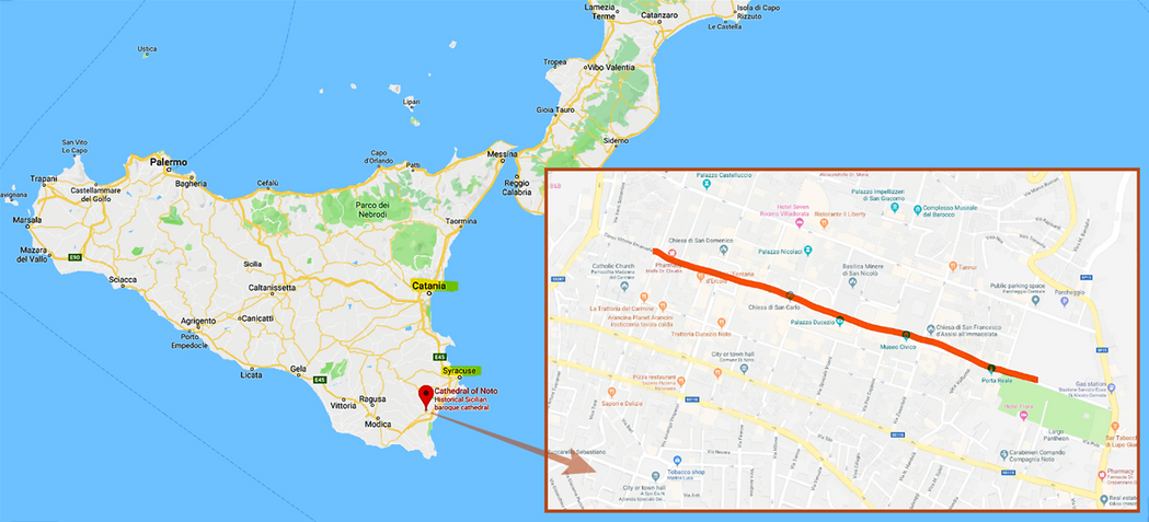 Noto on the map and Corso Vittorio Emanuele (highlighted in red), the main street of the old city.