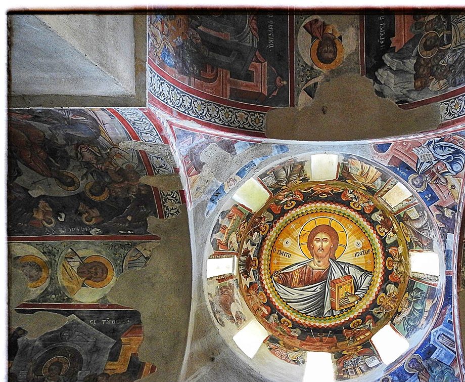 The dome of the nave. Jesus Pantokrator is the central fresco theme.