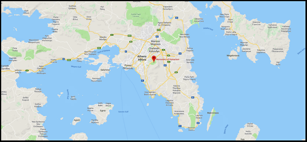 The monastery location (east of Athens) on the map.