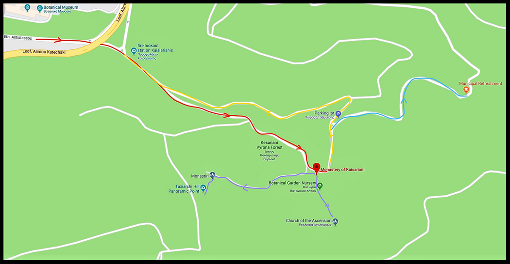 The Monastery is built in a pine forest. The red line shows the road (one way road) to the monastery, while the yelow line the road from the monastery (one way).  The purple line shows the foot paths to Taxiarchon Hill (west) and to the ruins of the Church of the Ascension (south).  The light blue line shows the road to the cafe..