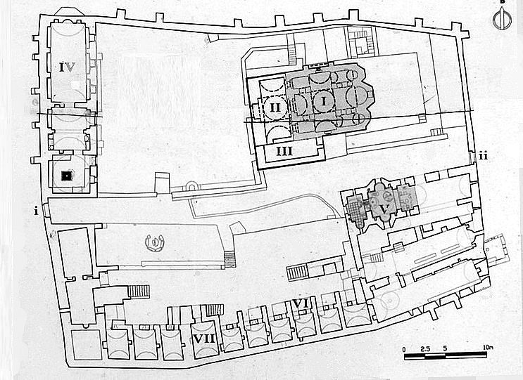 Monastery plan: I: nave, II: narthex, III: saint Antonios chapel, IV: refectory, V: cells, VI: Benizelon tower, i/ii : gates.