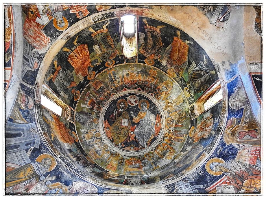 The narthex dome. The Holy Trinity is central fresco theme.