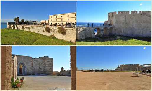 Castello Maniace, the entrance (bottom left) and the bridge over the moat (top right). Arena Maniace & the Syracuse Faculty of Architecture (top left). Arena Maniace (bottom right).