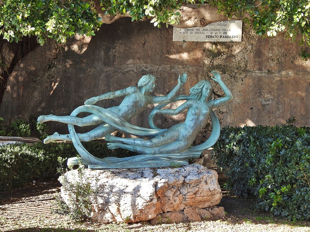 A modern sculpture of Arethusa and Alpheus located next to the fountain.