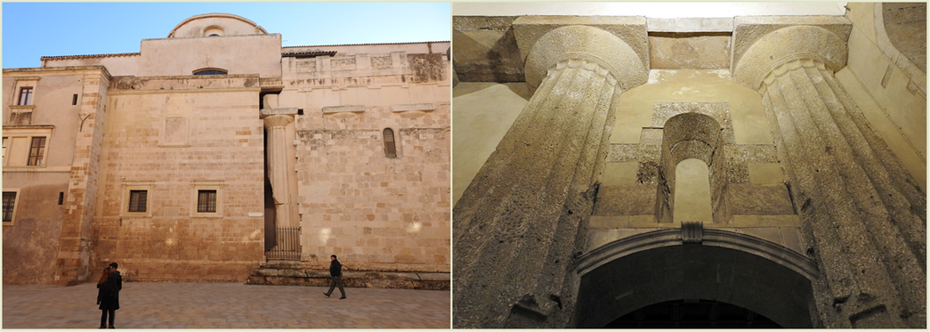The doric columns of the ancient temple of Athens incorporated into the Duomo.