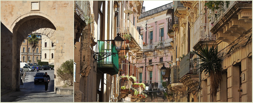 Porta Marina (left) and a typical street of Ortygia (right).
