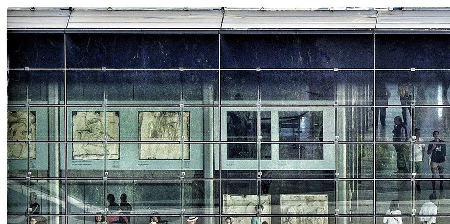 The upper part of the Acropolis Museum photographed from the sacred rock of Acropolis.