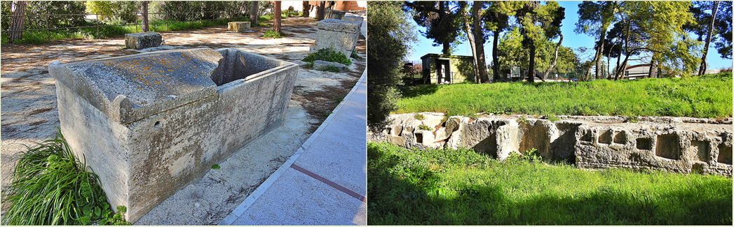 In the garden, next to the main entrance of the amphitheater are accommodated some impressive sarcophagi (left). Part of the upper east cavea remains (right).