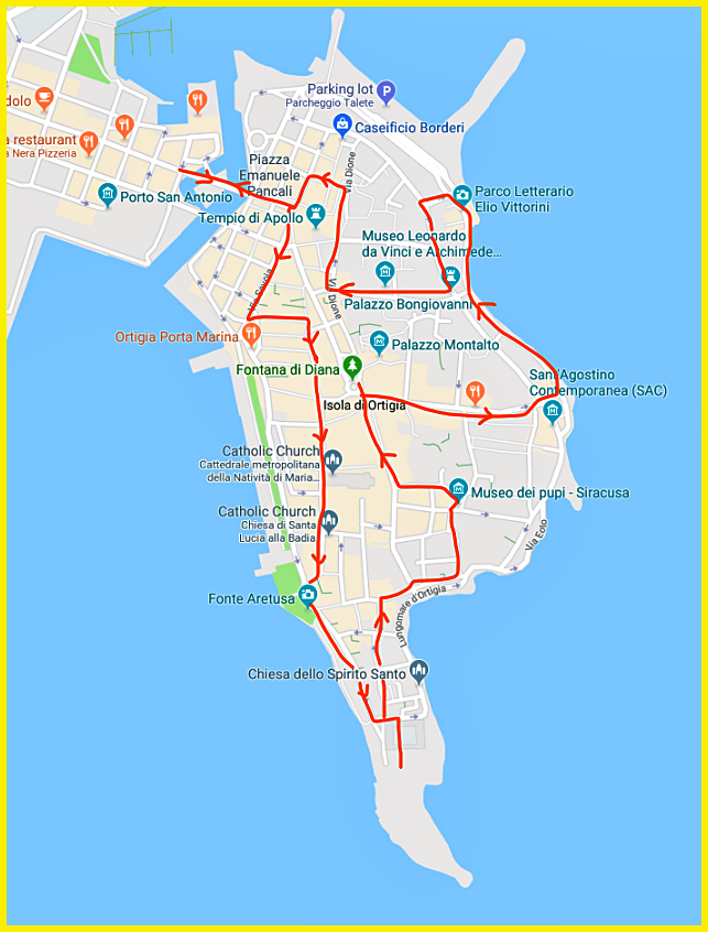 My walk around Ortygia (red line).