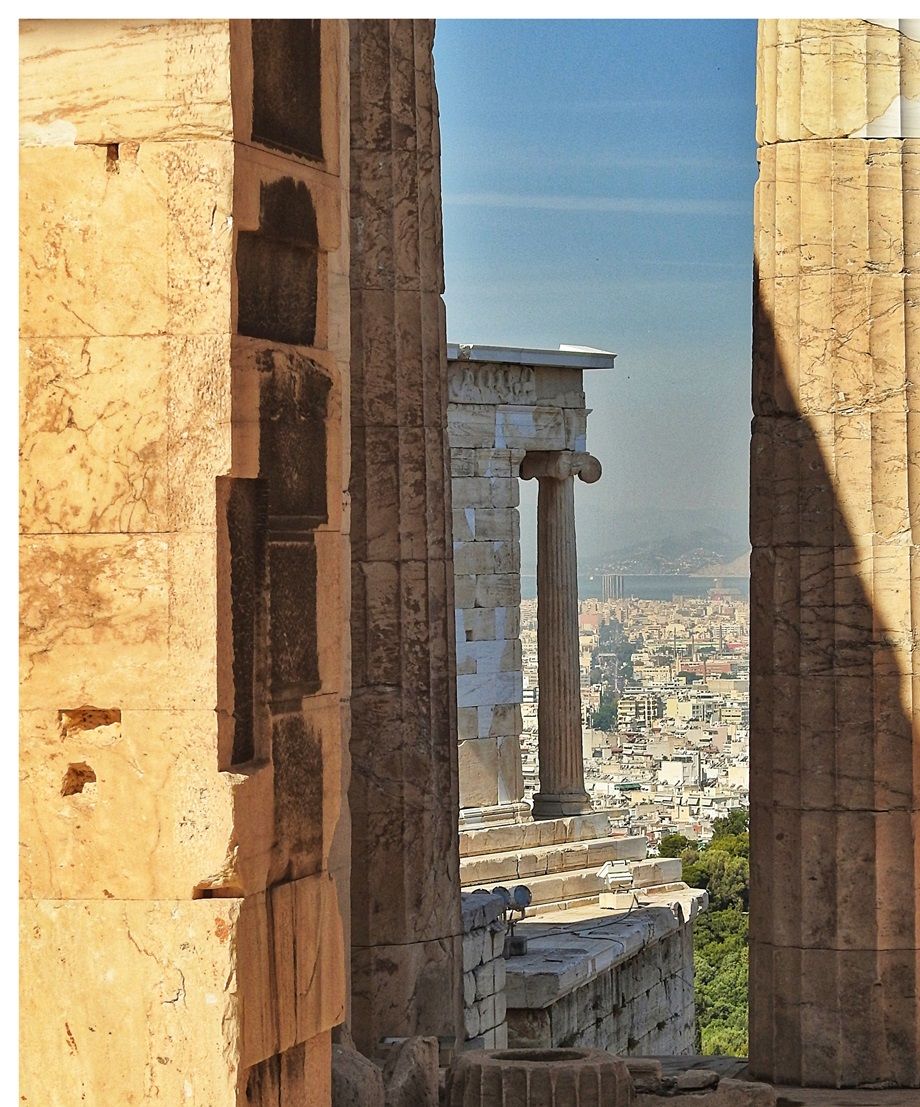 Propylaia columns (in the foreground) and the Temple of Athena Nike (in the background)..