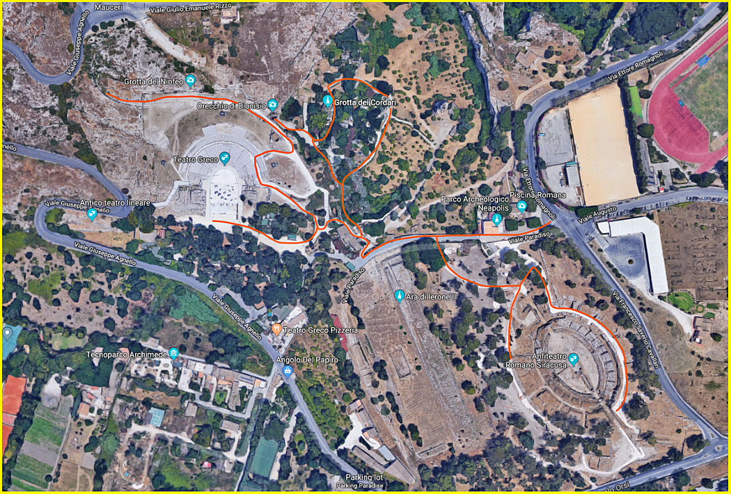 Parco Archeologico Neapolis on the map. The red line shows a possible walk in the park. On the right a topographic plan of the archeological site (ΤΕΜΕΝΙΤΗΣ=Temenite, ΝΕΑΠΟΛΙΣ=Neapolis).