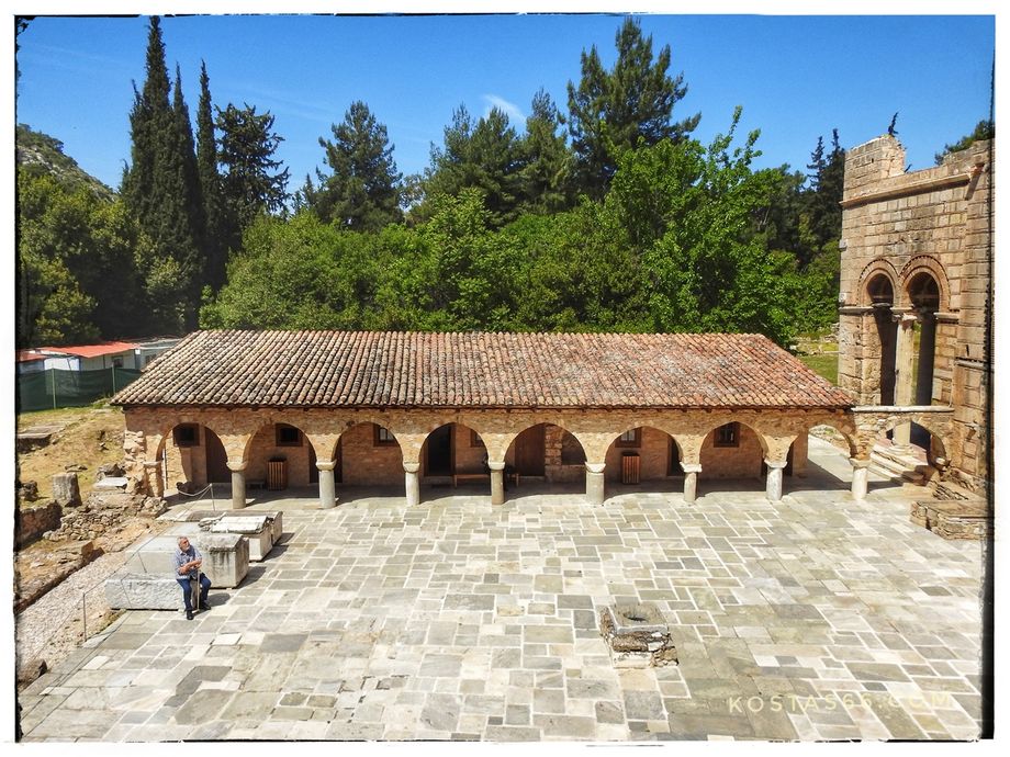 The main courtyard of the monastery and the big elongated building with the arcade.