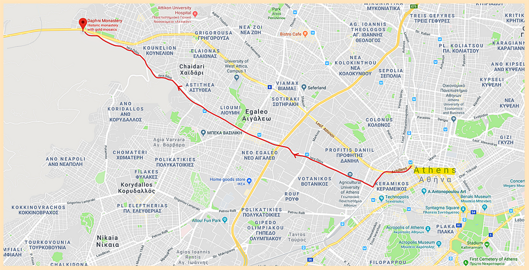 From central Athens (Omonia square) to Dafni Monastery.
