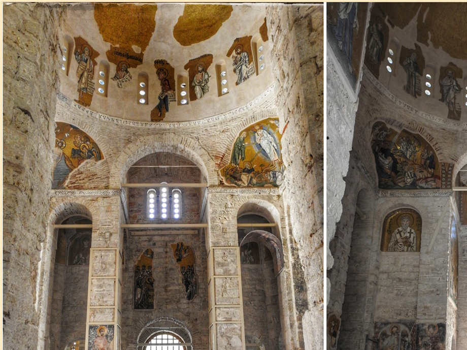 The interior of the catholicon. The west entrance (left) & the south entrance - exit into the main courtyard (right).