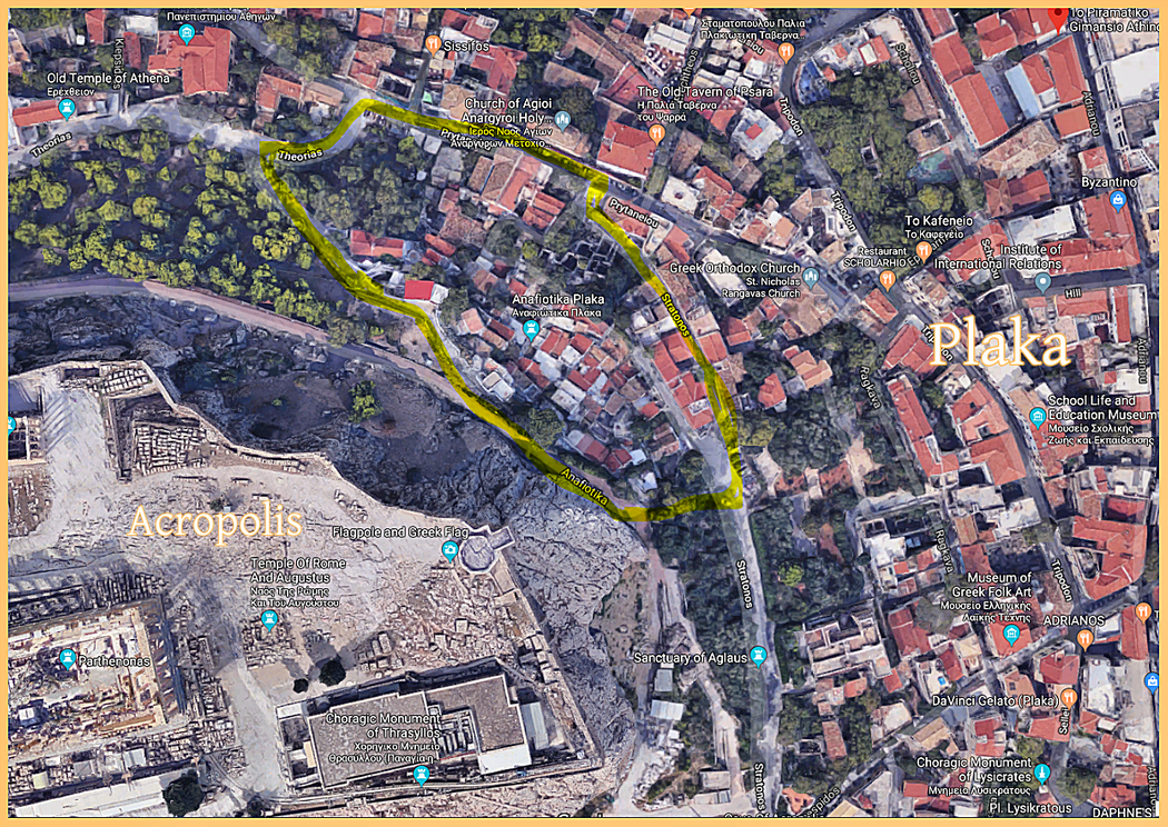 Anafiotika on the map (yellow limits).