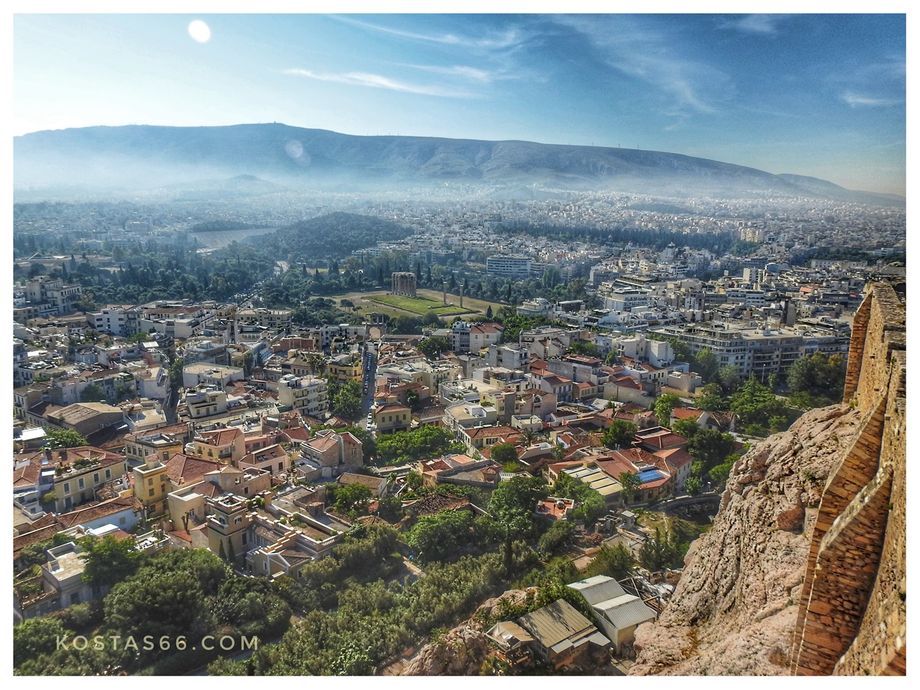 View towards Mount Hymettos (east of the Acropolis).  Can be seen, among others, the Temple of Olympian Zeus and the Panathenaic Stadium behind it.
