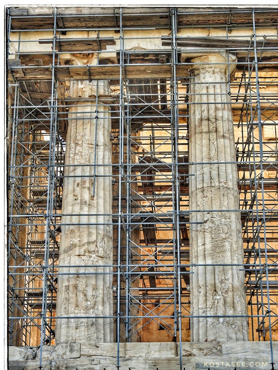 The west side of the Parthenon under scafolding.