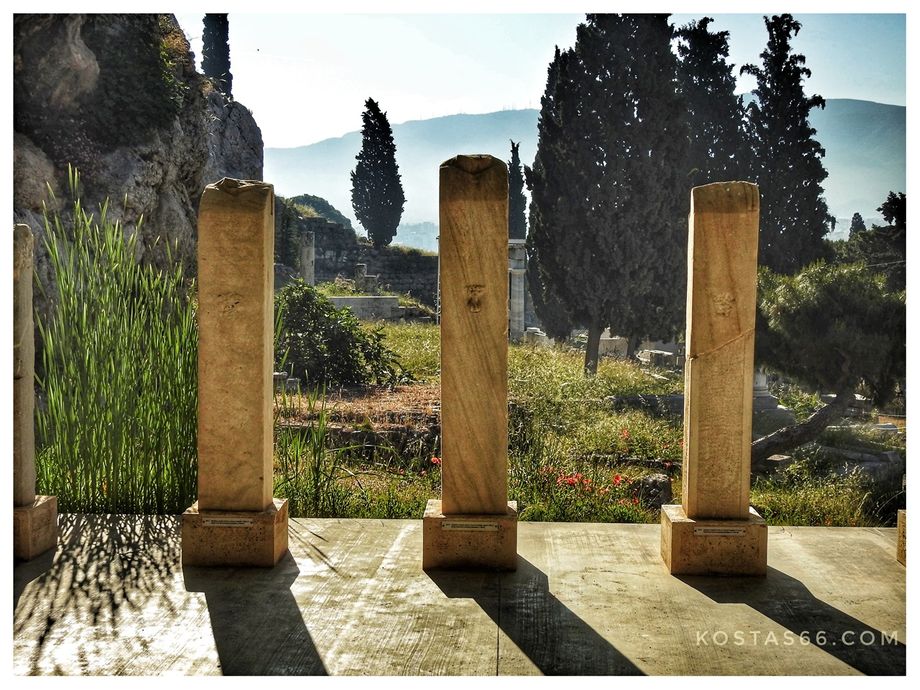 Ηermai placed in a small covered patio next to the Byzantine Cistern. Hermai were sculptures with a head, and perhaps a torso, above a plain, usually squared lower section, on which male genitals may also be carved at the appropriate height. It was believed that they could ward off harm or evil, an apotropaic function, and were placed at crossings, country borders and boundaries as protection, in front of temples, near to tombs, outside houses, etc.