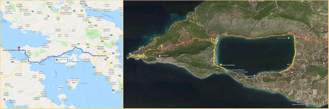The distance from Athens to Heraion is about 100km. The map on the right shows how to approach the lake and the archaeological site (red track), as well as some detours (yellow tracks), around Vouliagmeni lake.